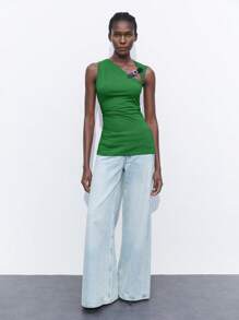 Maija Women's Fitted Black Top With Buckle Strap Design, Urban Chic Versatile Sleeveless Black Hollow Out PU Leather Decor Casual Blouse,Going Out Tops Women - Green - View 2