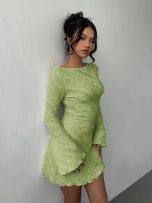 Aloruh Knit Jacquard Open Back Tie Strap Mini Dress,Mint Green Dress - Green - View 6