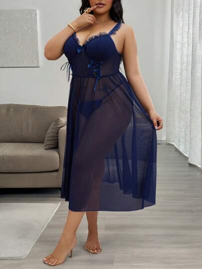 SHEIN Seduluxe Set de 2 piezas de ropa interior de talla grande con tejido de malla, sostén con aros y tanga