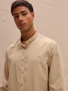 Musero Tailored High Neck Pinstripe Button Through Shirt Smart Spring Summer Holiday Vacation - Khaki - View 4