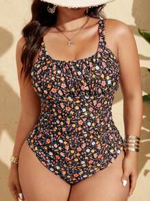 SHEIN Swim Curve 加大码女式连体泳衣，新款印花设计，可调节肩带，可拆卸护垫，前部褶皱，修身优雅，时尚休闲，适合海滩和泳池穿着 - 彩色 - 查看 5