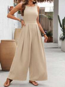EMERY ROSE Women's Summer Minimalist Solid Color Pleated Loose Jumpsuit - Apricot - View 8