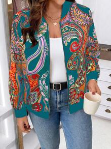 SHEIN Plus Size Long Sleeve Zip-Up Jacket, Fashionable For Spring/Autumn Women S Clothes Woman S Summer Clothes Women Spring Outfits - Teal Blue - View 4