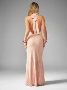 MISSGUIDED Knitted Sequin Twist Front Halter Neck Fish Tail Maxi Dress - Khaki - View 2