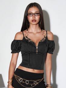 ROMWE Goth Y2K 竖条纹斑马纹 Bralette 背心 - 黑色 - 查看 2