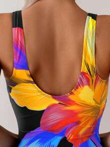 Swim Basics 1pc Women's Floral Allover Print Round Neck One-Piece Swimsuit, Elegant High Leg Summer - Multicolor - View 4