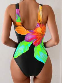 SHEIN Swim 1 bộ đồ bơi một mảnh cổ tròn in hoa thanh lịch dành cho nữ có cổ cao - Nhiều màu - Xem 2