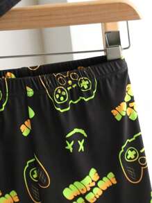 2 件套青少年男孩灰色简约电子游戏图案贴身短袖上衣和短裤家居服套装 - 黑色 - 查看 4