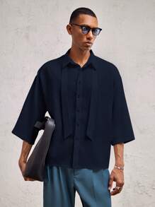 AKNOTIC Formal Men's Loose Drop Shoulder Short Sleeve Collared Casual Shirt, Suitable For Daily Wear - Apricot - View 6