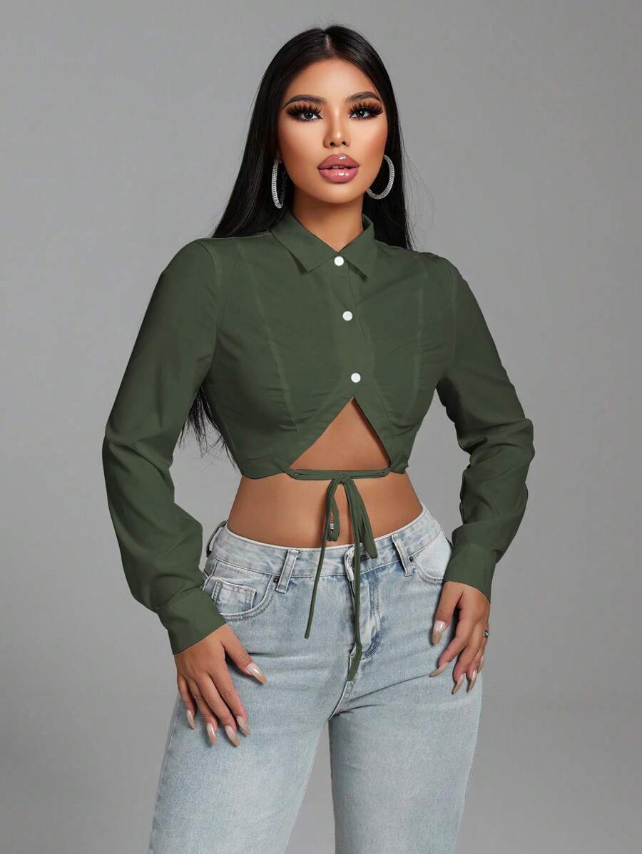 Zolique Women Plain Color Cropped Shirt With Tie Decoration - Army Green - View 1