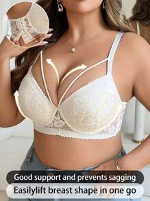 SHEIN 1pc Plus Size Lace & Underwire Side Clip Lingerie Bra - White - View 5