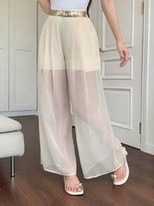 DAZY Women's Sequin Patchwork Elastic Waist Wide Leg Pants Carnival - Beige - View 1