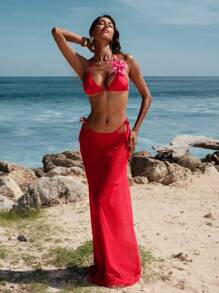 Opulessa Women's 3pcs Summer Vacation Beach 3D Floral Halter Bikini Set With Wrap Skirt,Summer Outfits For Women,Rave Outfits Festival,Beach Outfits For Woman,Floral,Sheer, Holiday Outfits,Holiday Clothes,Beach Outfits For Woman,Vacation Outfits Woman,Bikini Set,Sarong,Beach Dress,High Waisted Bikini, High Waisted Bathing Suit,Thong Bikini Set - Red - View 7