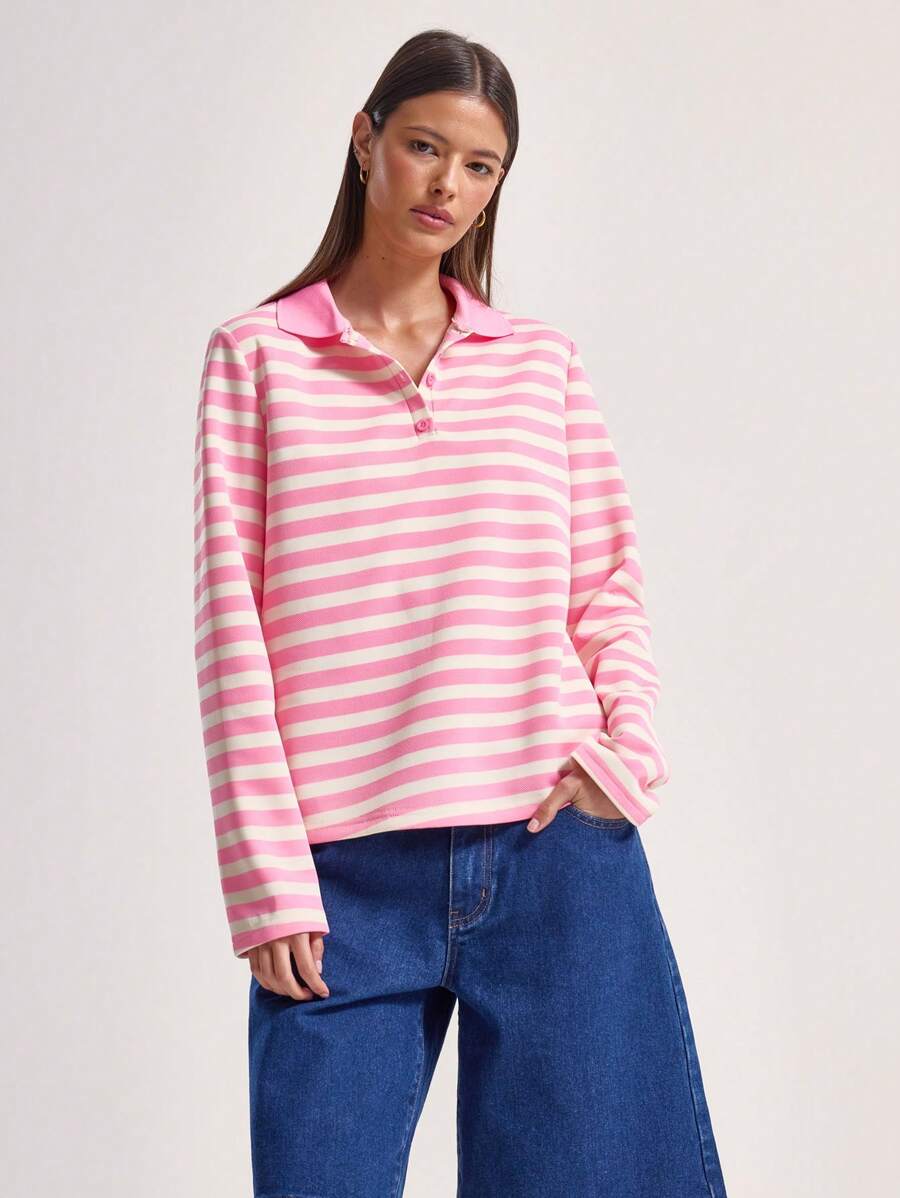 MUSERA Sudadera de manga larga con cuello polo, corte holgado, estampado de rayas, estilo callejero, ideal para primavera, viajes y aeropuerto, linda
