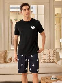 2pcs/Set Men's Basketball Print Short Sleeve Top And Shorts Pajama Set - Black - View 4