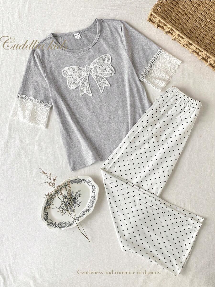 2 bucăți/Set pentru fete, pantaloni lungi decorati cu fundă din dantelă, casual, gri și alb, îmbrăcăminte moale și elegantă - Gri - Vizualizare 1