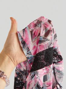 ROMWE Avant Floral Allover Print Contrast Lace Drawstring Neck Multilayer Ruffle Hem Women Vacation Island Beach Tank Top - Multicolor - View 8