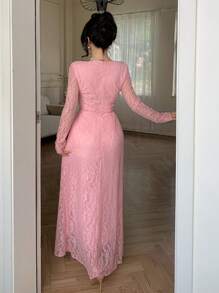 Modelyn Elegantes Kleid im französischen Stil für Damen mit geraffter Spitze, langen Ärmeln und raffender Taille, schmeichelhaft