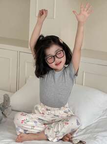 DAZY Young Girls Round Neck Knit Short Sleeve T-Shirt + All-Over Print Long Pants Home Set, Spring/Summer - Light Grey - View 3