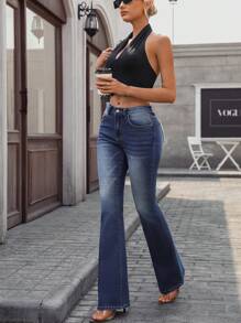 SHEIN Essnce 女士时尚休闲喇叭裤牛仔裤，百搭日常穿着 - 深色水洗藍 - 查看 4