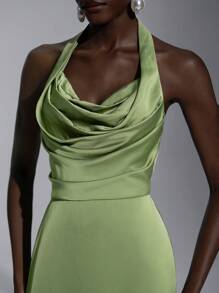 SHEIN Belle Elegant And Romantic Olive Green Halter Design, Asymmetrical Pleating, Modified Body, Slim Fishtail Hem, Suitable For Dating, Vacation, Wedding, Bridesmaid Dress - Olive Green - View 4