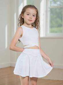 Young Girls' White Plain Spring/Summer Casual Comfortable Sports Set, Elegant Athleisure Running Outdoor Suits, Snug Fit Look, All-Match Style Outfit For Young Girl, Quick-Dry And High Stretch