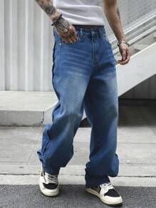 Manfinity EMRG Men's Loose Fit Wide Leg Casual With Pockets  Blue Jeans