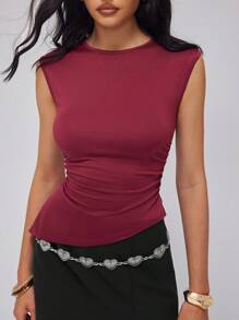 Roylia Women's Sexy Slim Fit Ruched Shoulder T-Shirt, Round Neck, Summer - Red - View 4