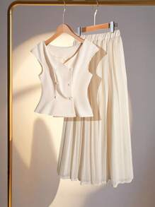 SHEIN Unity Women Double-Breasted Pleated A-Line Skirt Set - Apricot - View 1