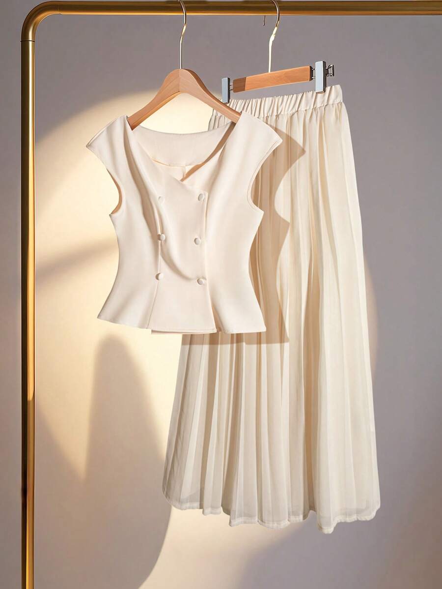 SHEIN Unity Women Double-Breasted Pleated A-Line Skirt Set - Apricot - View 1