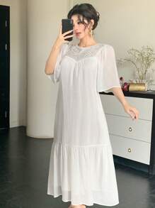 DAZY Elegant Beaded Ruffle Lotus Sleeve Round Neck Women Mid-Length Dress, Summer,Back To School Clothes