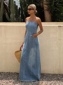 Livesso Vestido largo estilo slip de mujer en tejido vaquero desgastado y lavado