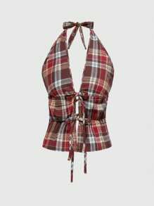ROMWE J-Fashion 女士休闲复古门襟纽扣棋盘格纹设计露背系带上衣 - 彩色 - 查看 1