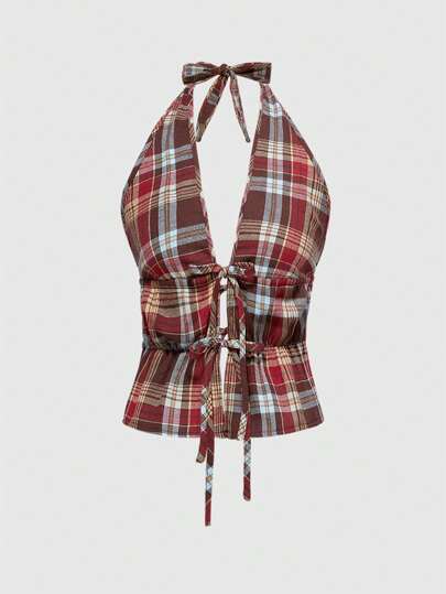 J-Fashion Women's Casual Retro Placket Button Plaid Design Halter Neck Tie Vest