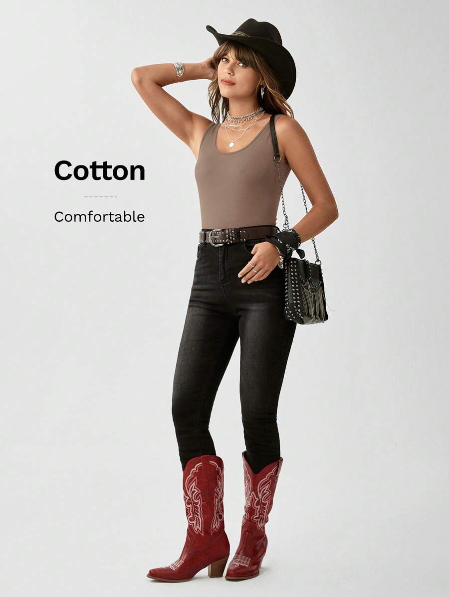 SHEIN LUNE Solid Form Fitted Tank Top - Mocha Brown - View 1