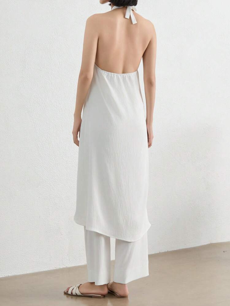 Women's Two-Piece Outfit: Woven Fabric Halter Sleeveless Tie Back Top And Long Pants Set