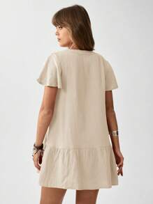 SHEIN LUNE Butterfly Sleeve Ruffle Hem Smock Dress Without Belt - Khaki - View 2