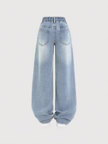 Tween Girls' Extra Long Blue Denim Jeans With Bowknot Appliques Girls' Vintage Butterfly Print Straight Wide Leg Jeans Stylish Blue Denim Extra Long Jeans For Tween Girls With Cute Bowknot Details - Blue - View 3