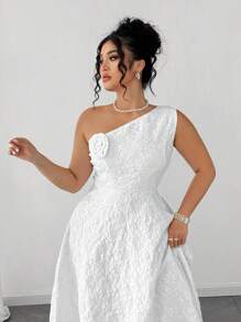 Elenzga Plus Size Solid Color Flower Applique Asymmetric Collar Sleeveless Dress - White - View 6