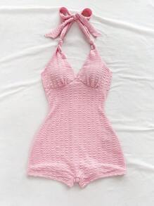 Soleia Women's Holiday Light Pink Knit Ruched Fabric Texture Deep V Halter Backless Skinny Jumpsuit, For Party, Valentine's Day, Date, Can Be Worn Inside Or Outside - Baby Pink - View 4