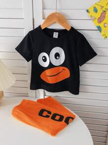 SHEIN Baby Jungen Cartoon Pinguin Grafik T-Shirt & Hose 2 Stücke Set, für Baby Jungen und Baby Mädchen