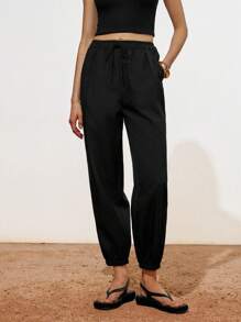 Lumivelle Pantalones largos casuales diarios de mujer con cintura con cordón y bolsillo oblicuo de unicolor