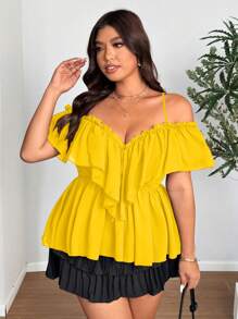 SHEIN Clasi Áo hai dây màu trơn cỡ lớn, thời trang cho mùa hè - Màu vàng - Xem 5