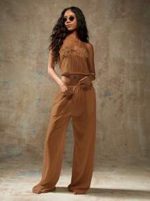 MISSGUIDED Relaxed Fit Loungewear Wide Leg Trousers Palazzo Style Beach Pants Flowing Resort Wear Summer Vacation Casual Pant Drawstring Waist