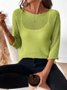 SHEIN LUNE Women Simple Casual Solid Color Crew Neck 3/4 Sleeve Sweater - Mist Green - View 1