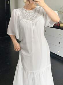 DAZY Elegant Beaded Ruffle Lotus Sleeve Round Neck Women Mid-Length Dress, Summer,Back To School Clothes