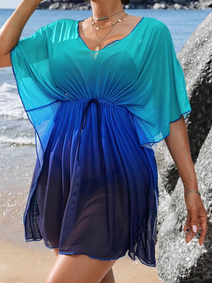 Swim Vcay 1pc Women's Ombre Print V-Neck Pullover Cover Up Cover Up With Drawstring Waist Bow Decor, Beach Wear