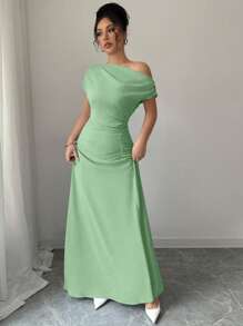 Selianne 斜肩+腰褶饰超长连衣裙 - 綠色 - 查看 4