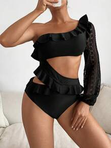 SHEIN Swim Elegant Solid Color Frill One Shoulder Hollow Out Long Sleeve Women One-Piece Swimsuit, Summer - Black - View 1