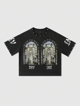 Street Life Men's Religious Rhinestone Printed Loose Crop T-Shirt